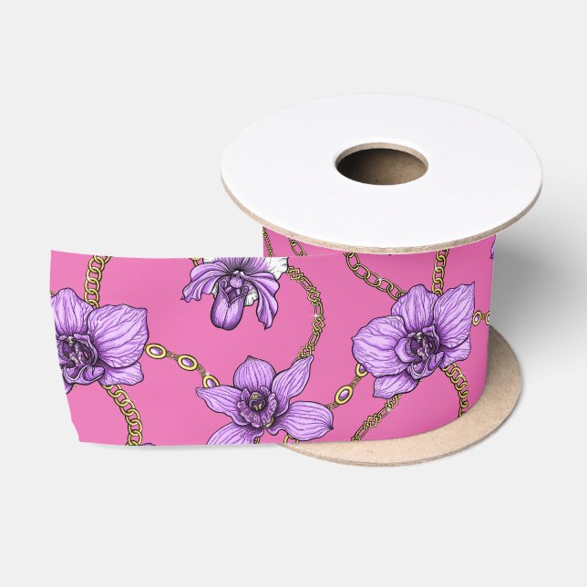 Orchids and chains, violet and pink satin ribbon (Spool)