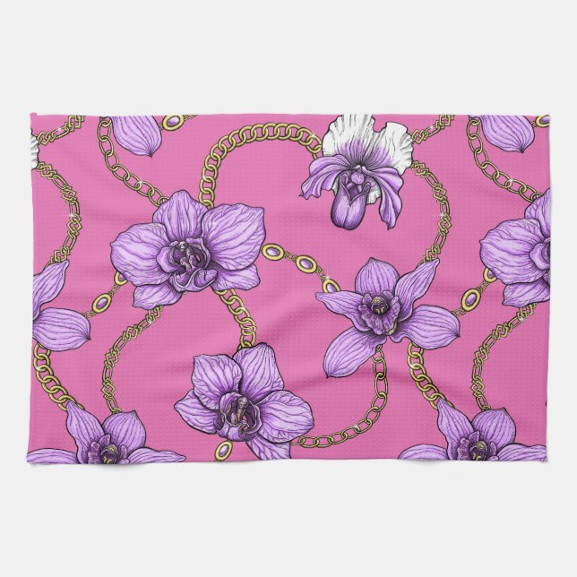 Orchids and chains, violet and pink tea towel (Horizontal)
