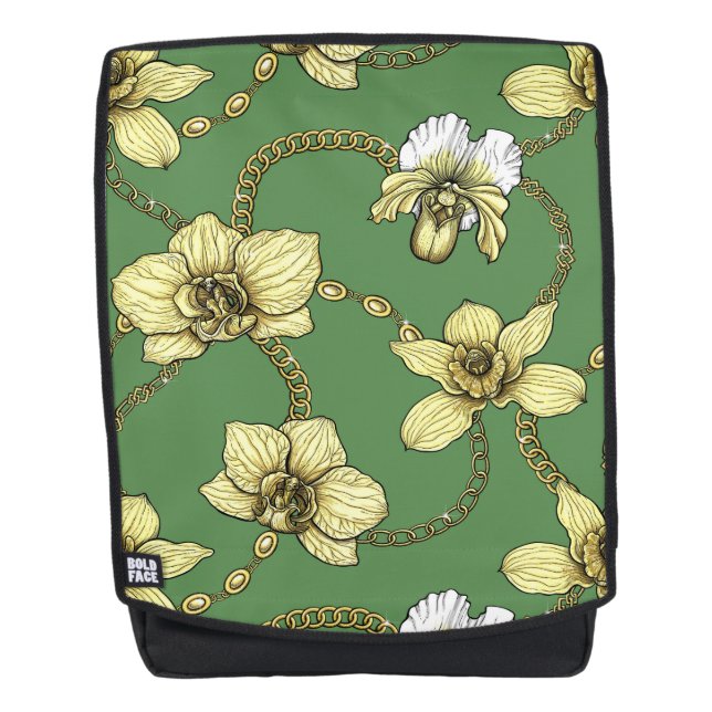 Orchids and chains, yellow and kelly green backpack (Front)