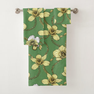 Orchids and chains, yellow and kelly green bath towel set