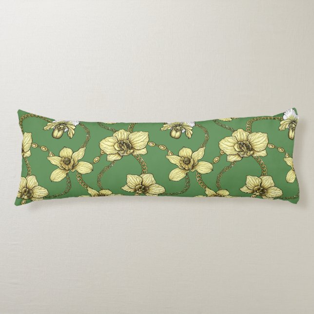 Orchids and chains, yellow and kelly green body cushion (Front)