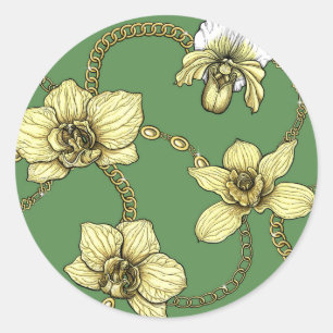 Orchids and chains, yellow and kelly green classic round sticker