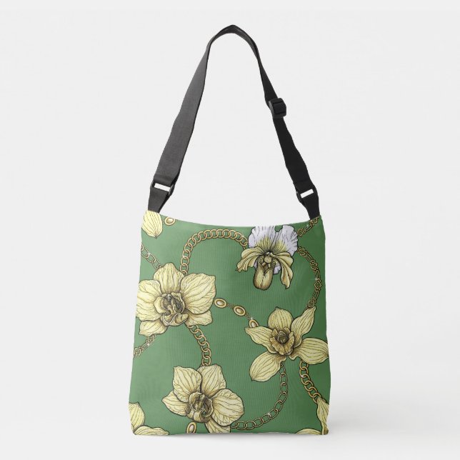 Orchids and chains, yellow and kelly green crossbody bag (Front)