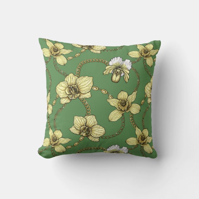 Orchids and chains, yellow and kelly green cushion (Front)