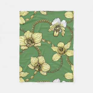 Orchids and chains, yellow and kelly green fleece blanket