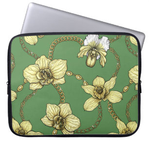 Orchids and chains, yellow and kelly green laptop sleeve
