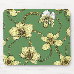 Orchids and chains, yellow and kelly green mouse pad