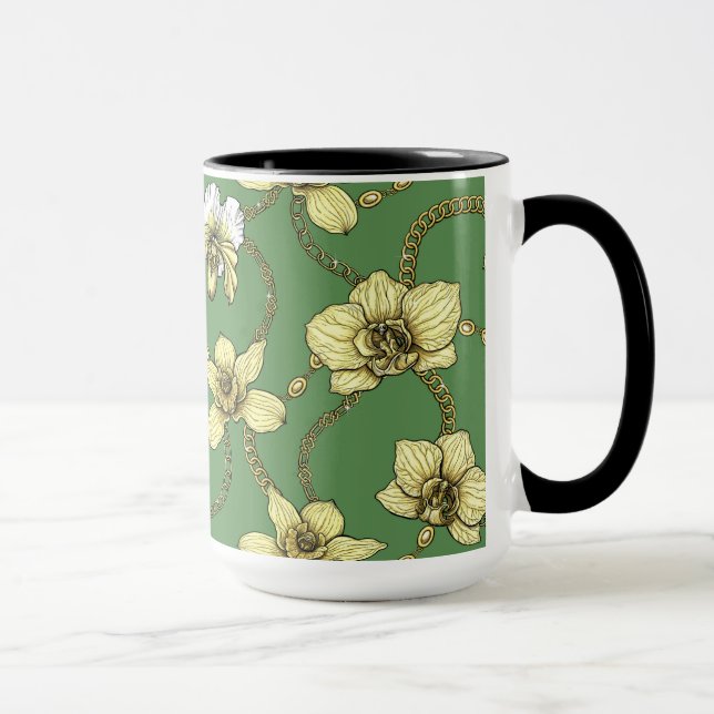 Orchids and chains, yellow and kelly green mug (Right)