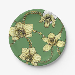 Orchids and chains, yellow and kelly green paper plate