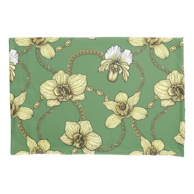 Orchids and chains, yellow and kelly green pillowcase (Front-Left)