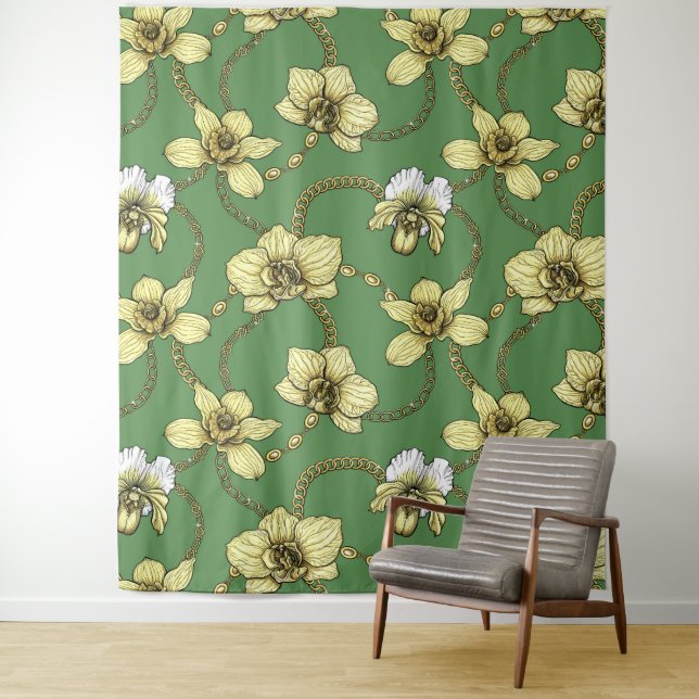 Orchids and chains, yellow and kelly green tapestry (In Situ)
