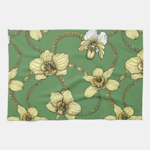 Orchids and chains, yellow and kelly green tea towel