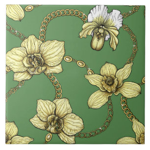 Orchids and chains, yellow and kelly green tile