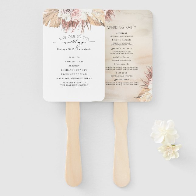 Orchids and Dried Palms Tropical Wedding Program Hand Fan (Front and Back)
