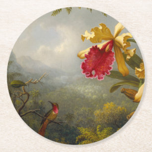 Orchids and Hummingbird Heade Round Paper Coaster