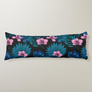 Orchids and palm leaves, pink and blue on black body cushion