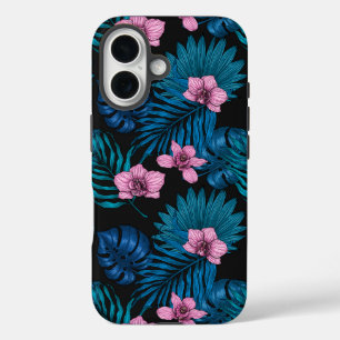 Orchids and palm leaves, pink and blue on black iPhone 16 case