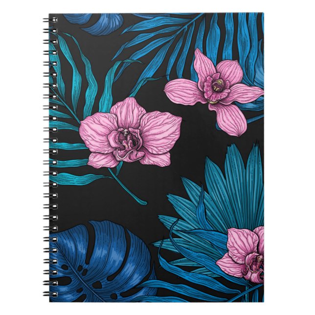 Orchids and palm leaves, pink and blue on black notebook (Front)
