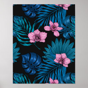Orchids and palm leaves, pink and blue on black poster