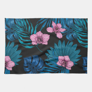 Orchids and palm leaves, pink and blue on black tea towel