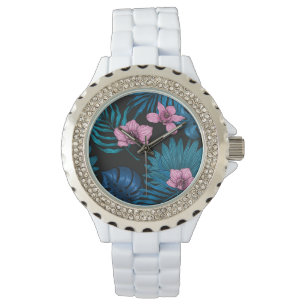 Orchids and palm leaves, pink and blue on black watch