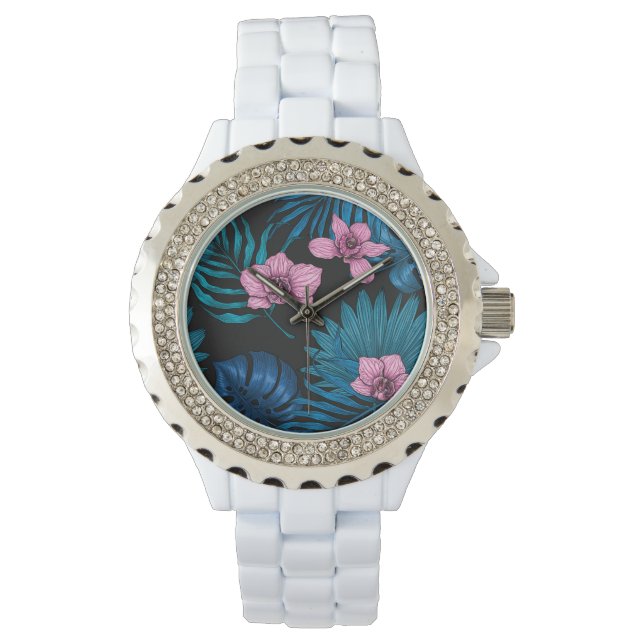 Orchids and palm leaves, pink and blue on black watch (Front)