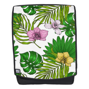Orchids and palm leaves, pink, yellow, green and w backpack