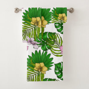 Orchids and palm leaves, pink, yellow, green and w bath towel set
