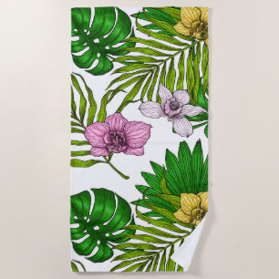 Orchids and palm leaves, pink, yellow, green and w beach towel