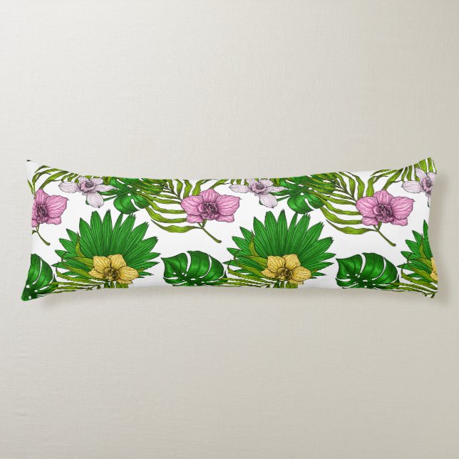Orchids and palm leaves, pink, yellow, green and w body cushion (Front)