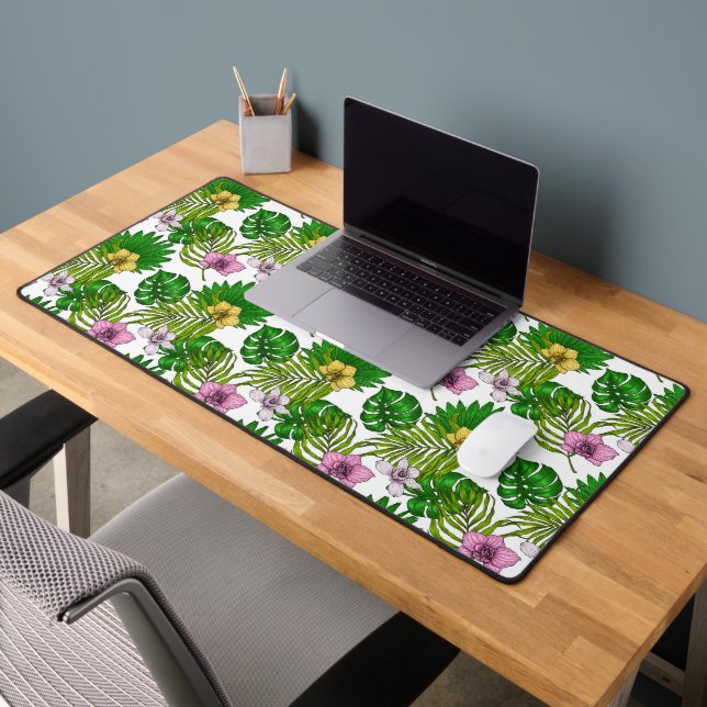 Orchids and palm leaves, pink, yellow, green and w desk mat (Office 2)