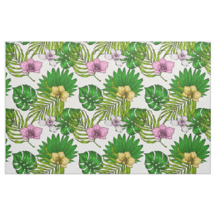 Orchids and palm leaves, pink, yellow, green and w fabric