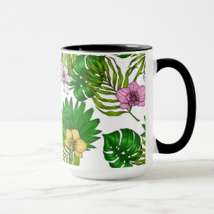 Orchids and palm leaves, pink, yellow, green and w mug