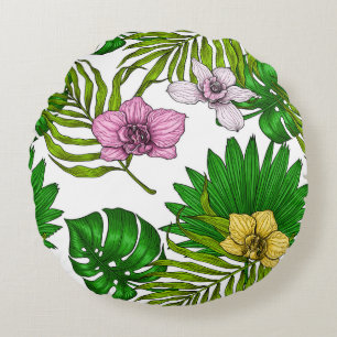 Orchids and palm leaves, pink, yellow, green and w round cushion