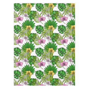 Orchids and palm leaves, pink, yellow, green and w tablecloth