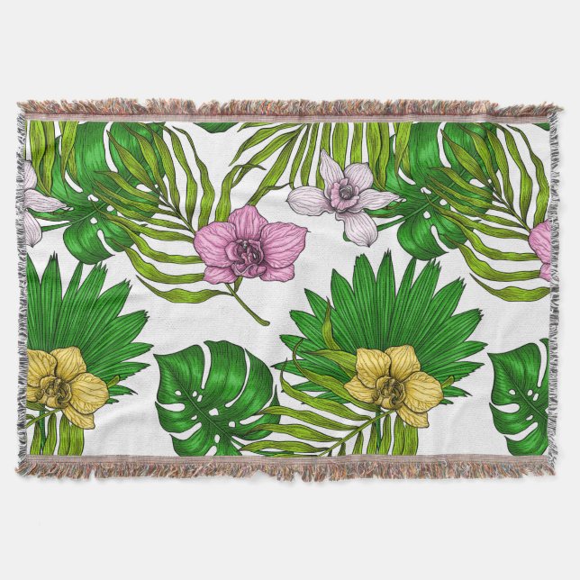 Orchids and palm leaves, pink, yellow, green and w throw blanket (Front)