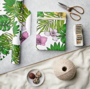Orchids and palm leaves, pink, yellow, green and w wrapping paper