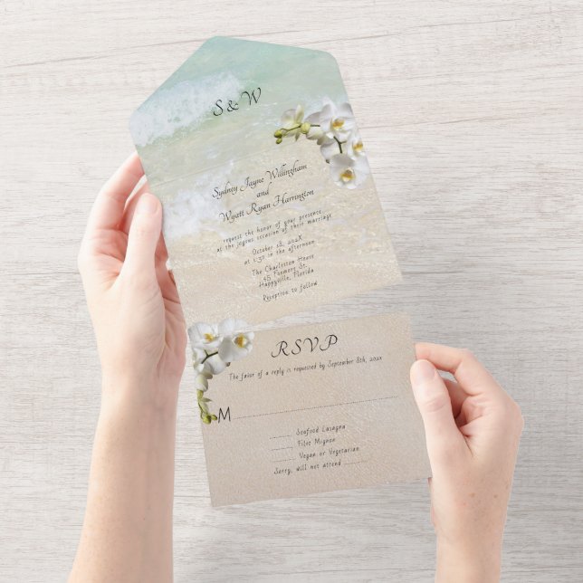 Orchids Beach Scene Wedding All-in-one Invitation (Tearaway)