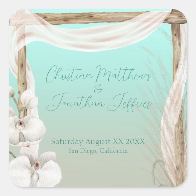 Orchids & Boho Arch on the Beach Wedding Square Sticker (Front)