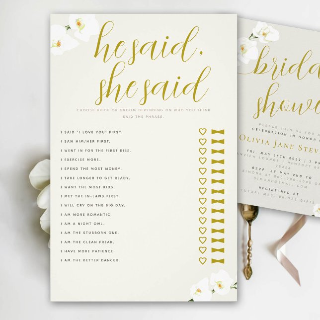 Orchids Bridal Shower Game He She Said Ivory Ecru Flyer (bridal shower game he she said bride or groom orchids ecru ivory gold calligraphy)