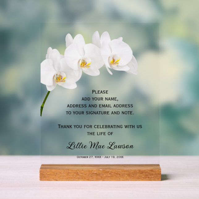 Orchids Celebration of Life Guest Book Acrylic Sign (Neutral)