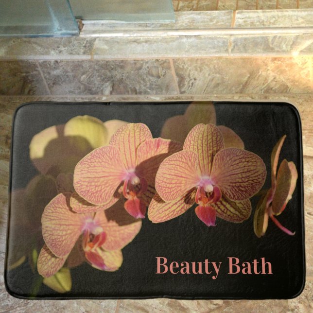 Orchids Coral Pink Photographic Floral Black Bath Mat (Creator Uploaded)