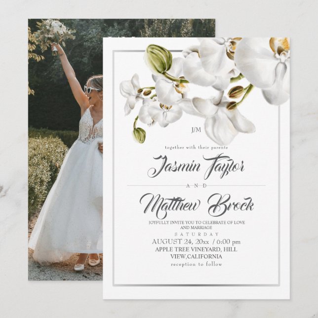 Orchids Frame Elegant Wedding Photo Invitation (Front/Back)