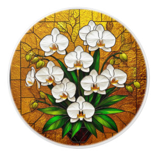 Orchids in a Stained Glass Artwork With Gold Ceramic Knob