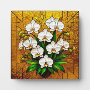 Orchids in a Stained Glass Artwork With Gold Plaque