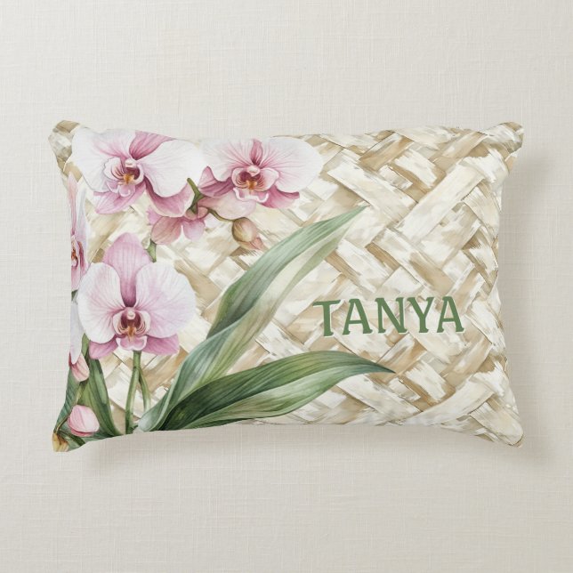 Orchids on Woven Pattern Decorative Cushion (Front)