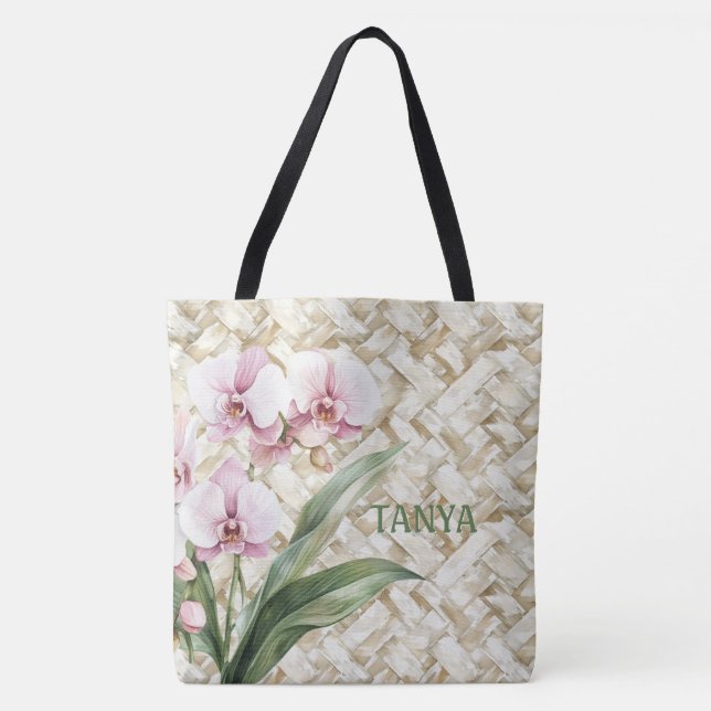 Orchids on Woven Pattern | Personalised Tote Bag (Front)