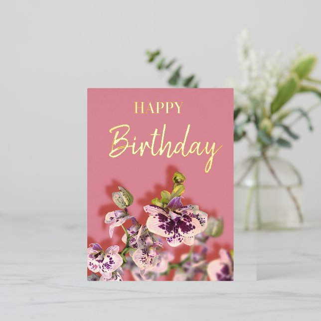 Orchids Tropical  Floral Happy Birthday Real Gold  Foil Holiday Postcard (Standing Front)