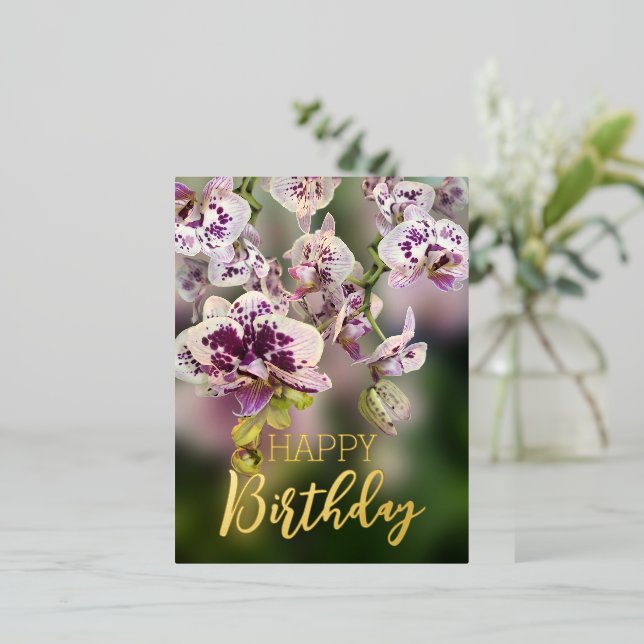 Orchids Tropical Floral Happy Birthday Real Gold   Foil Holiday Postcard (Standing Front)