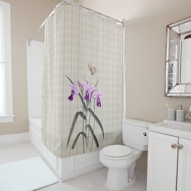 Orchids with Antique Butterfly Shower Curtain (In Situ)